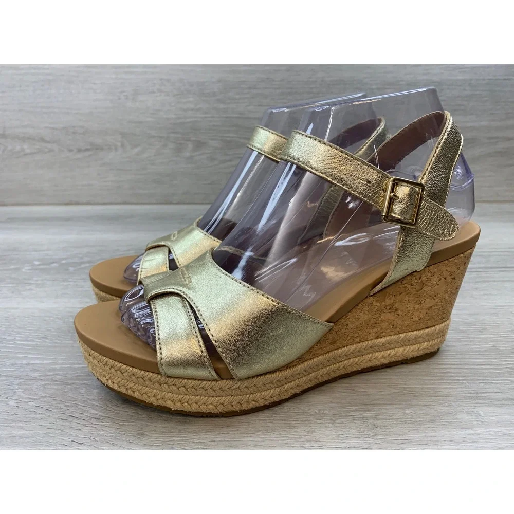 UGG Yarrow Women's Metallic Gold Leather Cork Espadrille Wedge Sandals 7